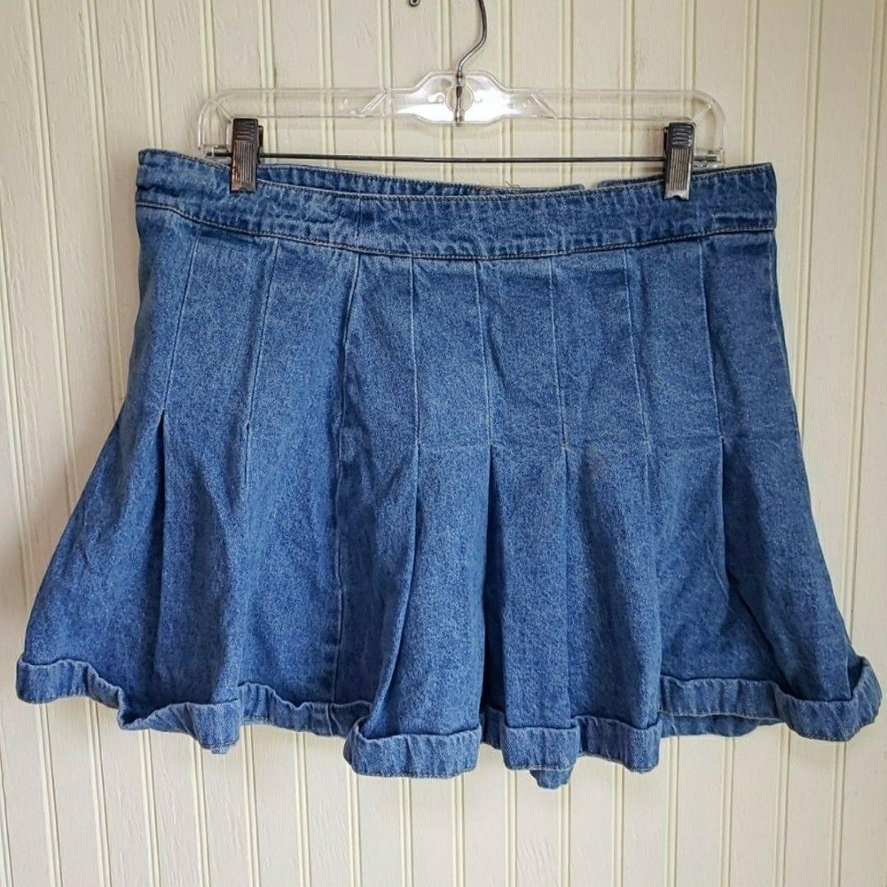Skirt Womens 34 Blue Solid Denim Skater Short Pleated Flare Zip Back Casual